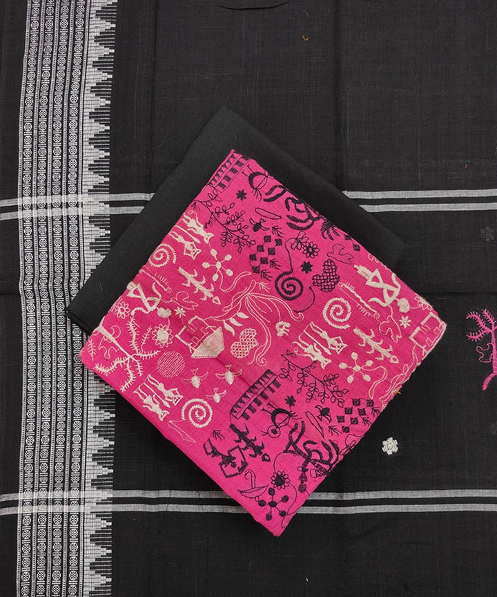 3pcs pink black handwoven cotton bomkai dress material