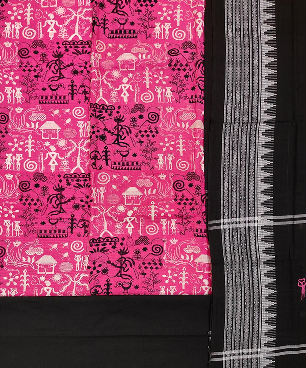 3pcs pink black handwoven cotton bomkai dress material