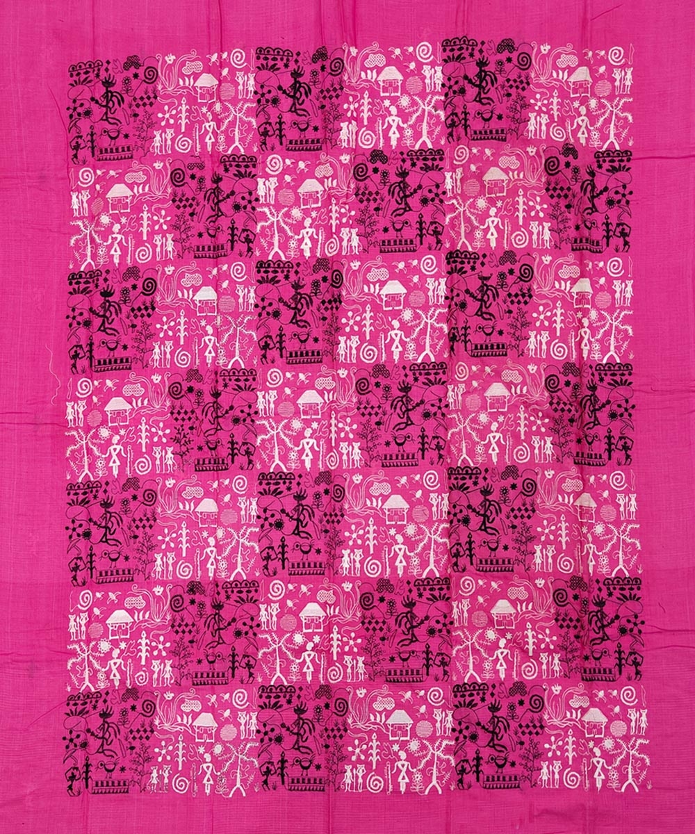 3pcs pink black handwoven cotton bomkai dress material