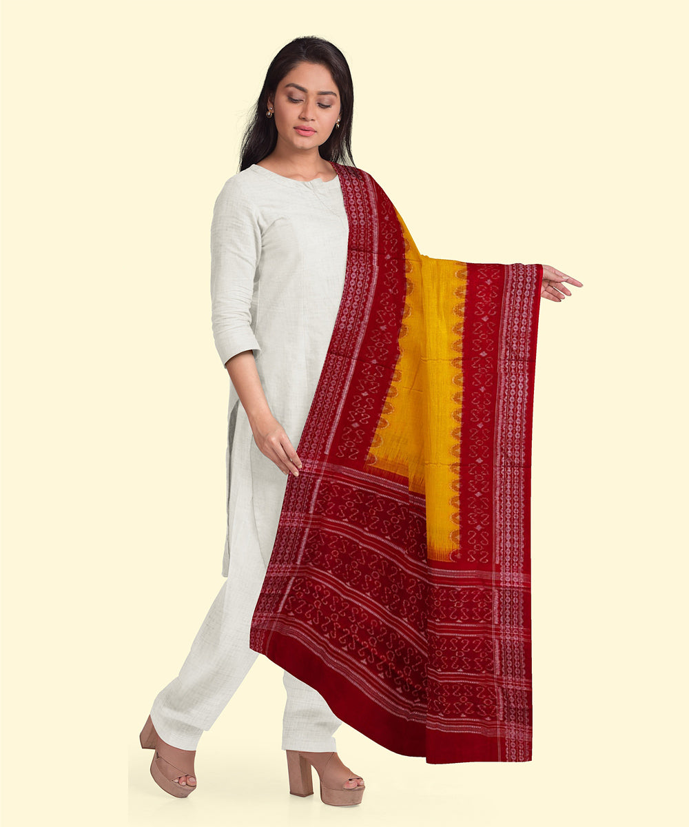 Yellow red handwoven cotton sambalpuri dupatta