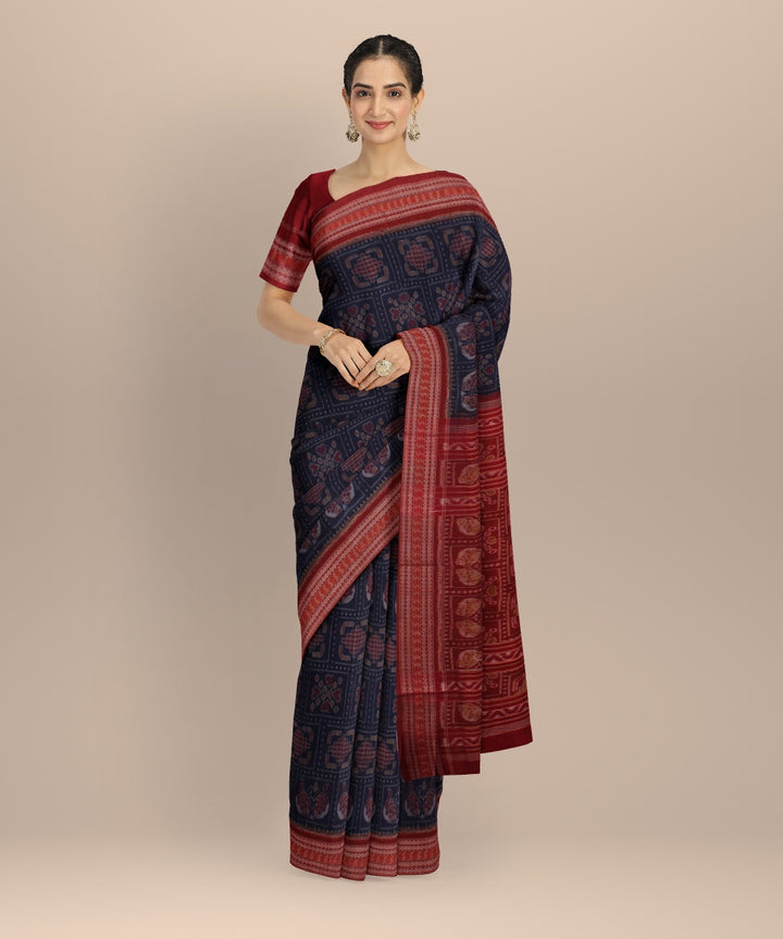 Navy blue maroon cotton handloom sambalpuri saree