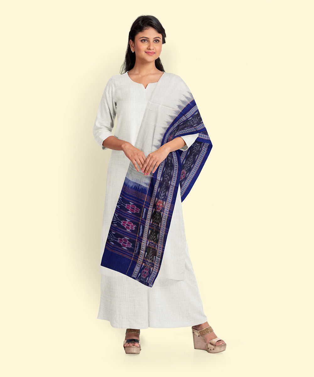 White blue handwoven sambalpuri cotton dupatta