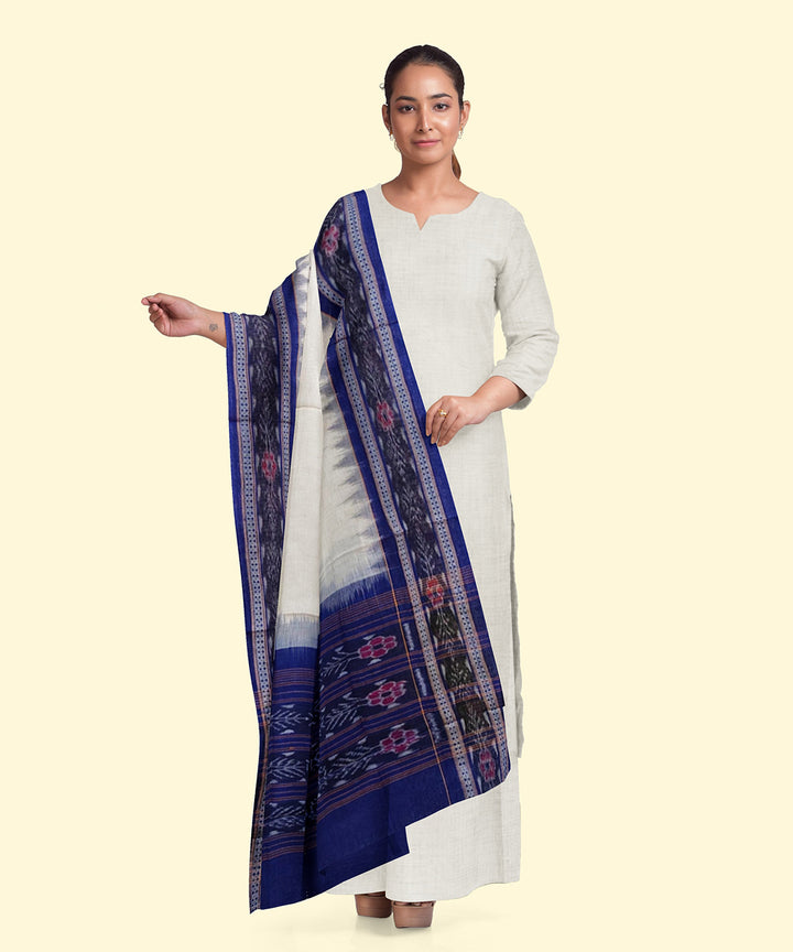 White blue handwoven sambalpuri cotton dupatta