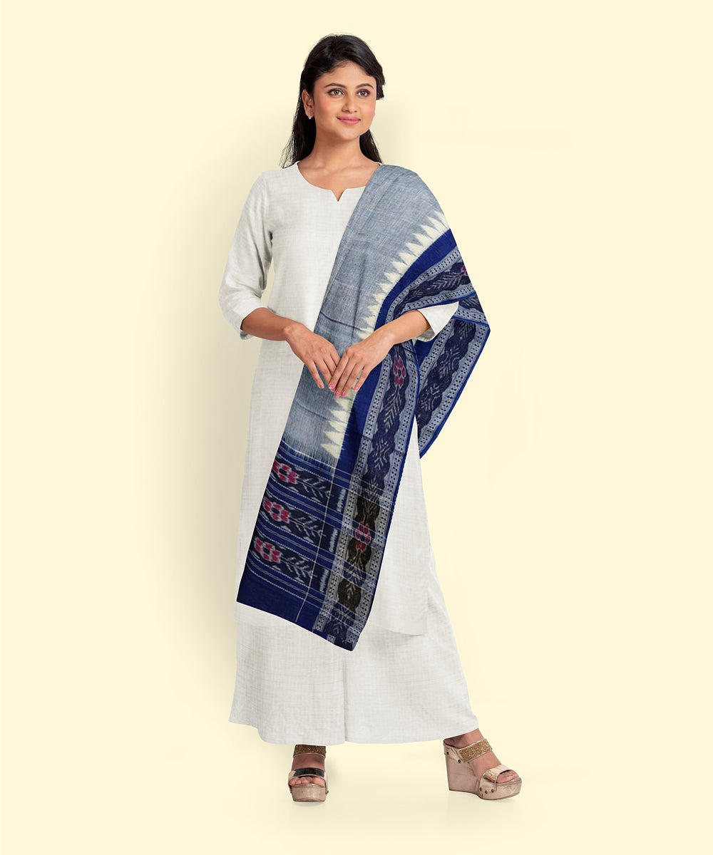 Grey blue handwoven cotton sambalpuri dupatta