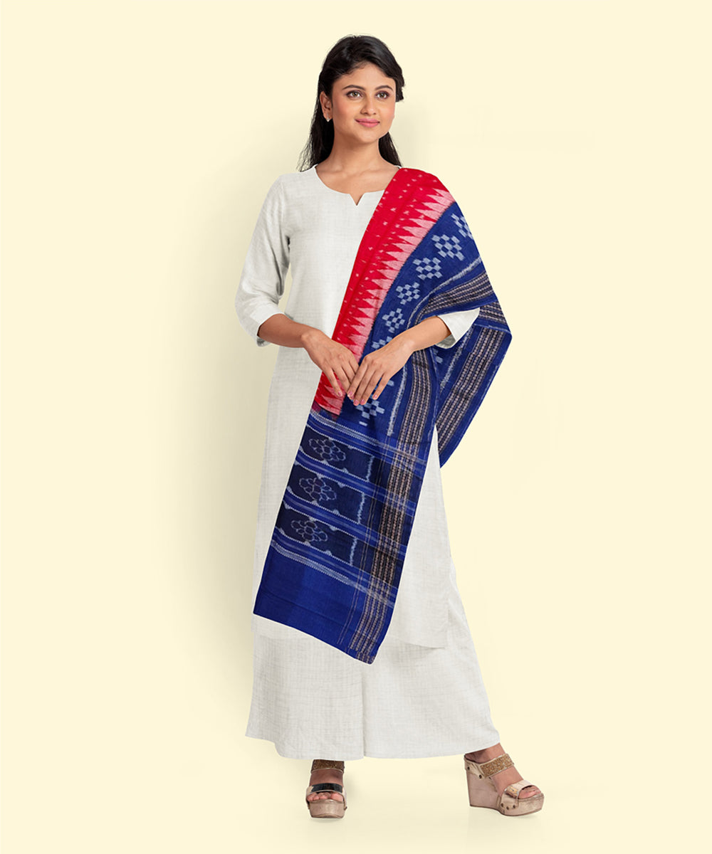 Red blue cotton handwoven sambalpuri dupatta