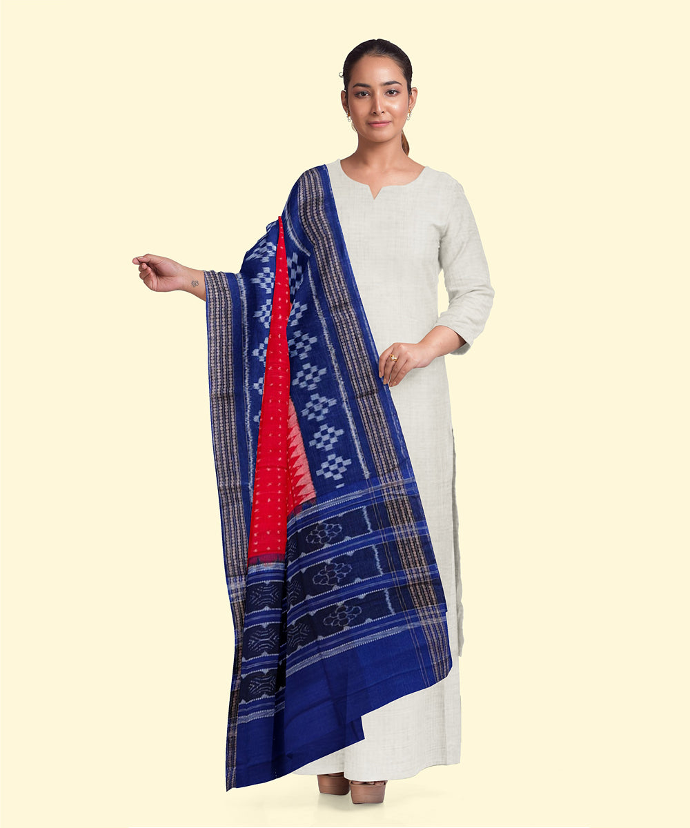 Red blue cotton handwoven sambalpuri dupatta