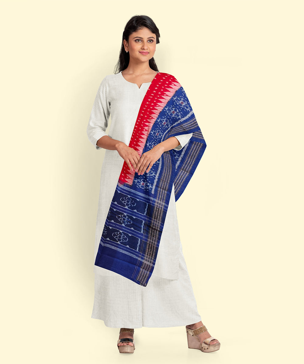 Red blue handwoven cotton sambalpuri dupatta