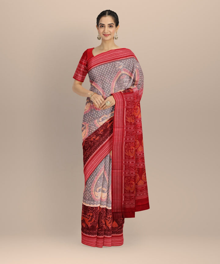 Grey red cotton handloom sambalpuri saree