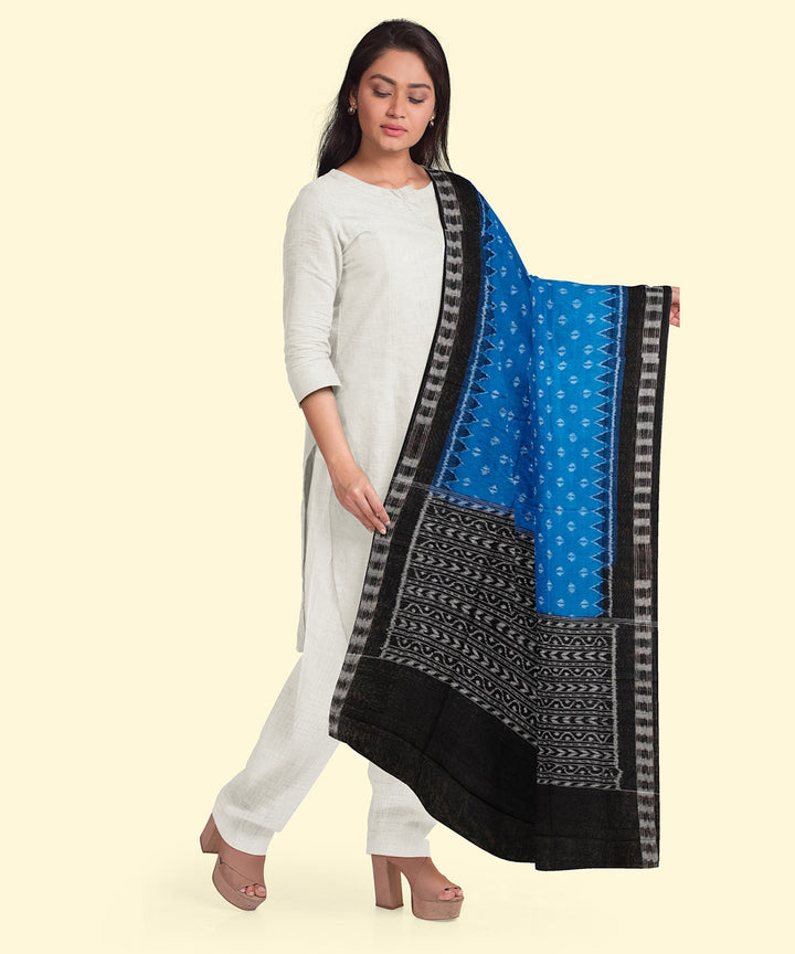 Cyan blue black handwoven cotton sambalpuri dupatta