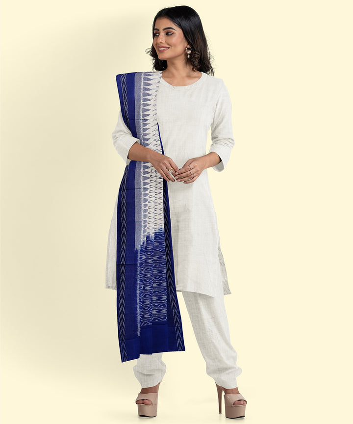 White blue handwoven cotton sambalpuri dupatta