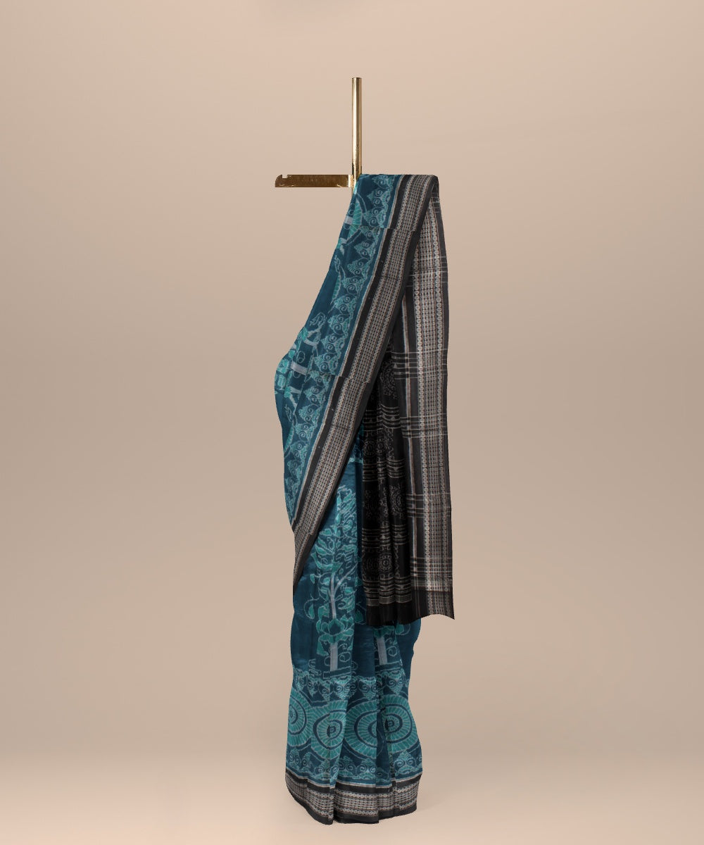 Black teal blue cotton handloom sambalpuri saree