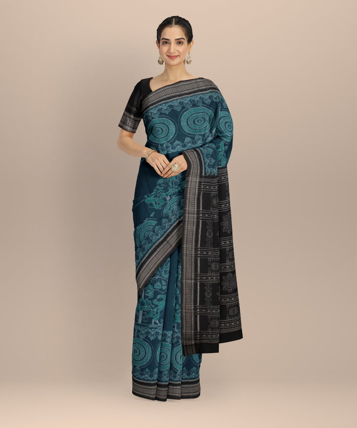 Black teal blue cotton handloom sambalpuri saree