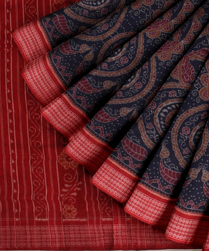 Navy blue red cotton sambalpuri handwoven saree