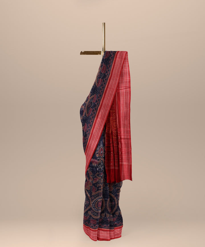 Navy blue red cotton sambalpuri handwoven saree