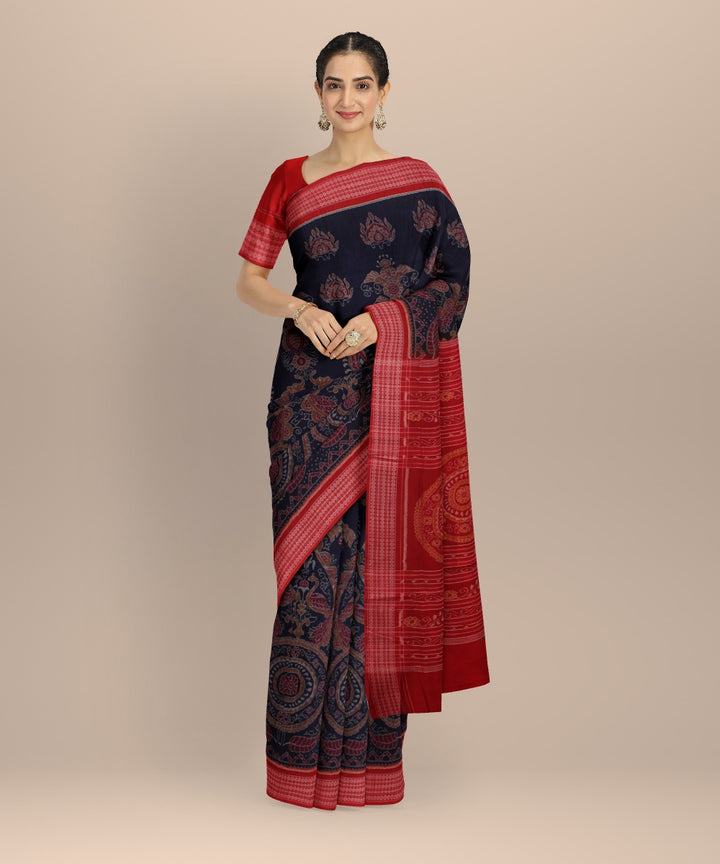 Navy blue red cotton sambalpuri handwoven saree