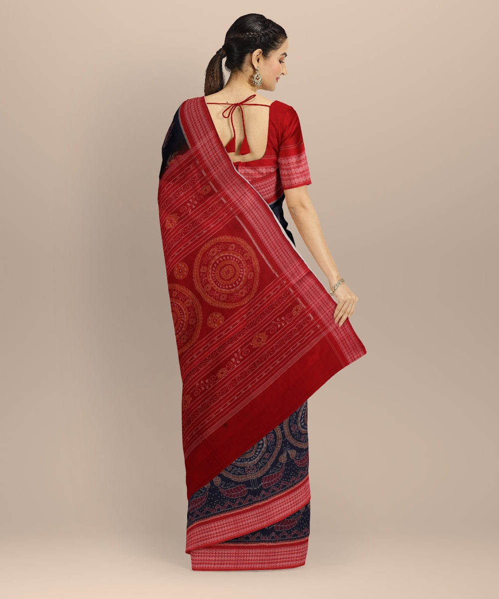 Navy blue red cotton sambalpuri handwoven saree