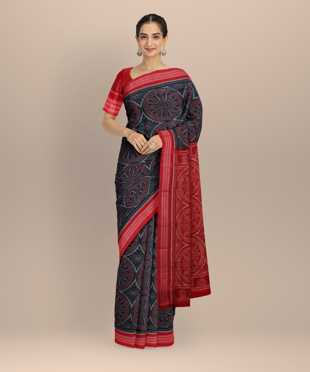 Red teal blue cotton handloom sambalpuri saree