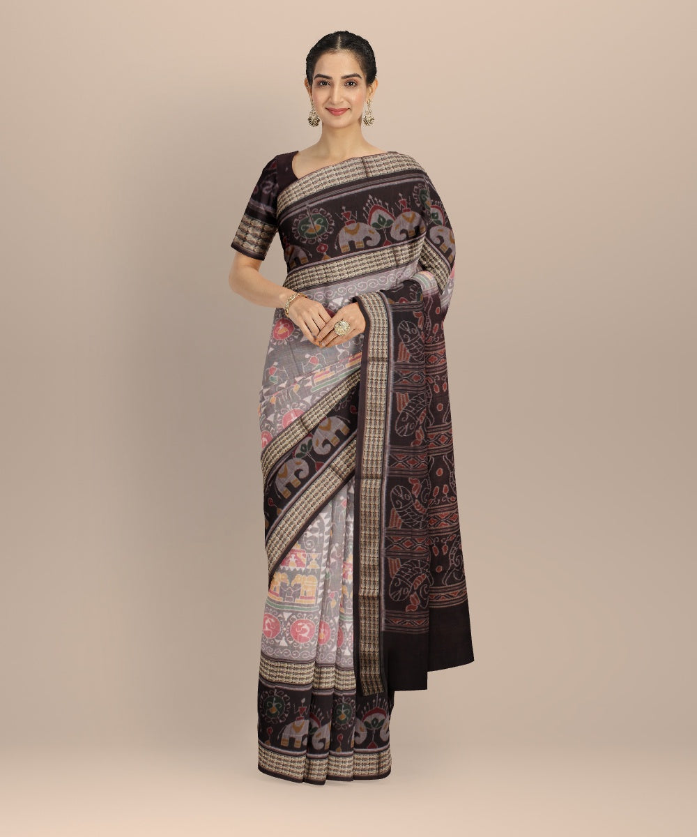 Grey coffee brown cotton handloom sambalpuri saree