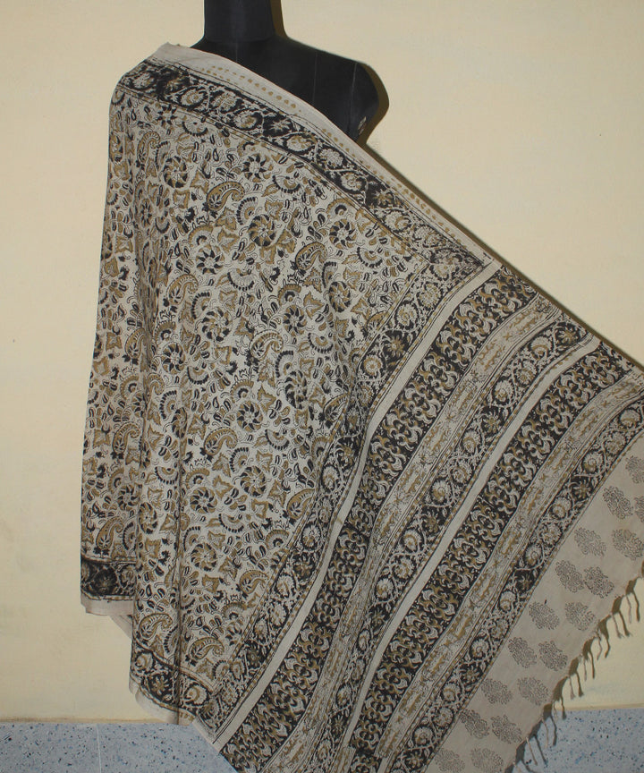 Beige black cotton hand printed kalamkari dupatta