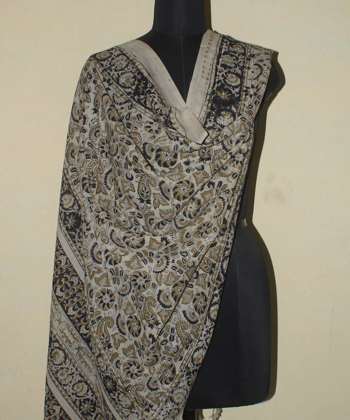 Beige black cotton hand printed kalamkari dupatta