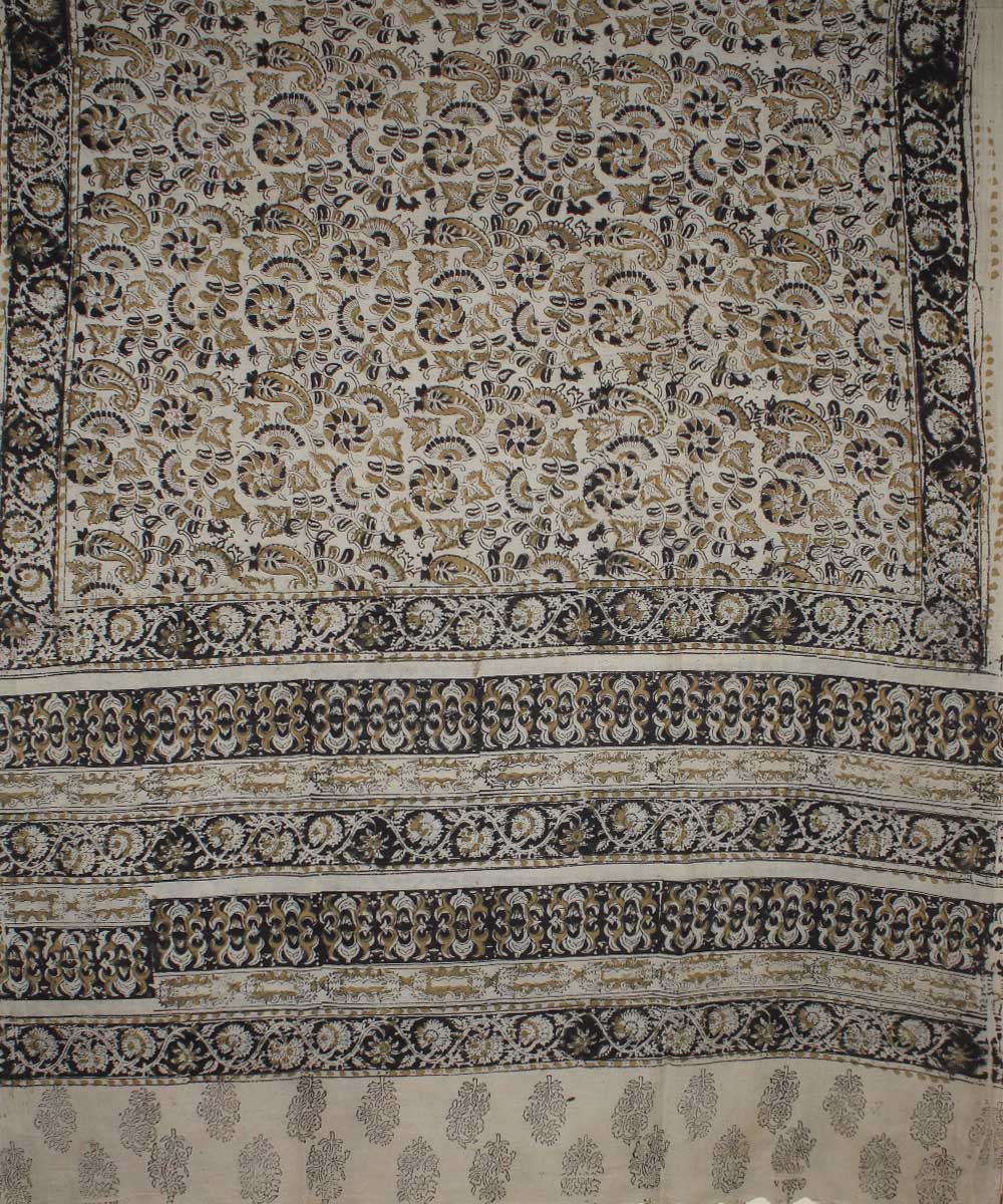 Beige black cotton hand printed kalamkari dupatta