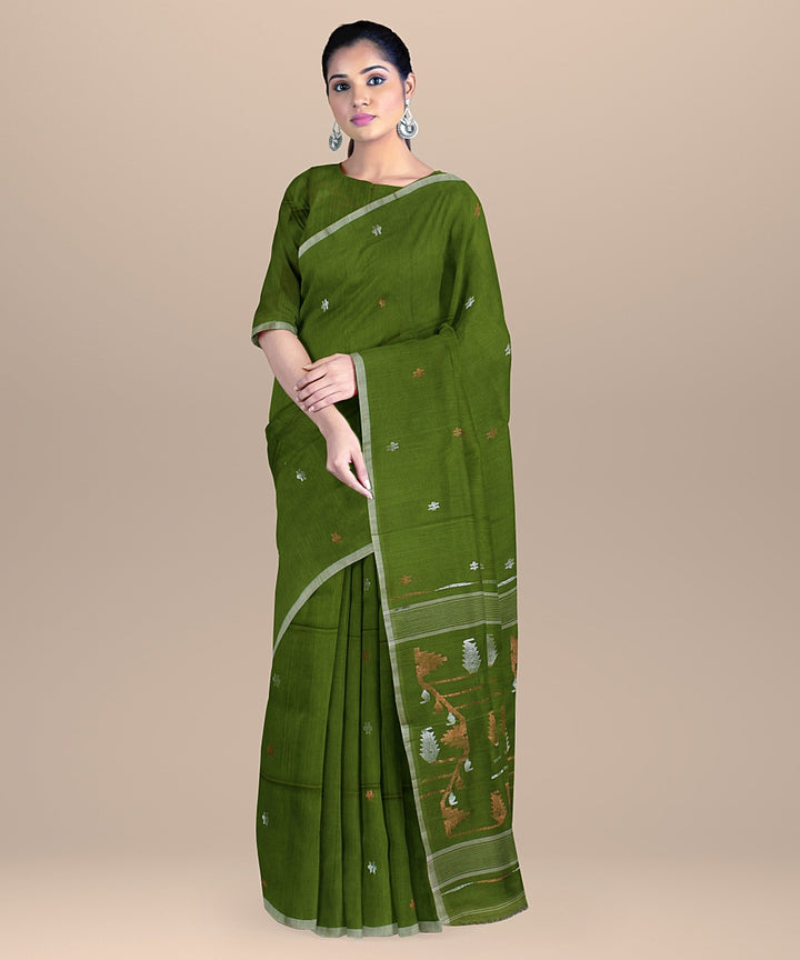 Olive green offwhite cotton handloom bengal saree