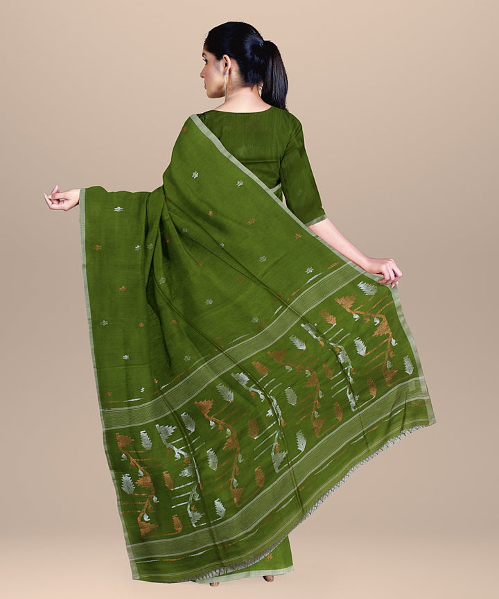 Olive green offwhite cotton handloom bengal saree