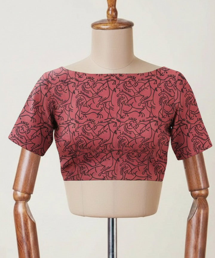 Red black cotton princess cut boat neck back zip opening blouse