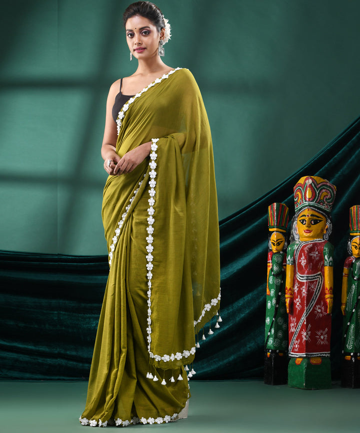 Pasta green white handloom cotton bengal saree