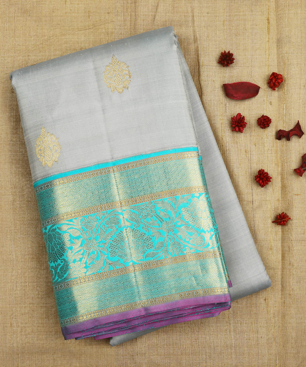 Grey with blue handwoven kanjivaram silk saree