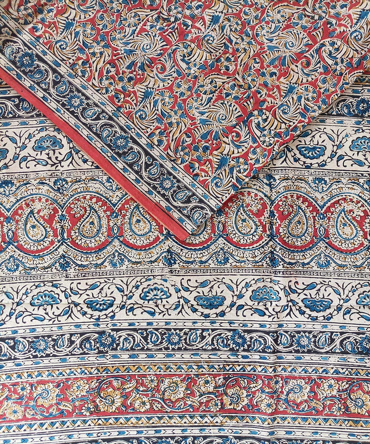 Offwhite black border kalamkari cotton hand printed saree