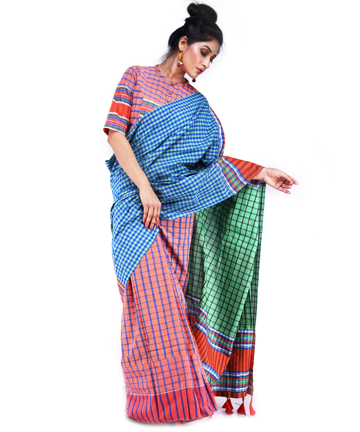 Multicolor cyan blue cotton handloom gamcha saree