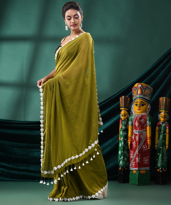 Pasta green white handloom cotton bengal saree