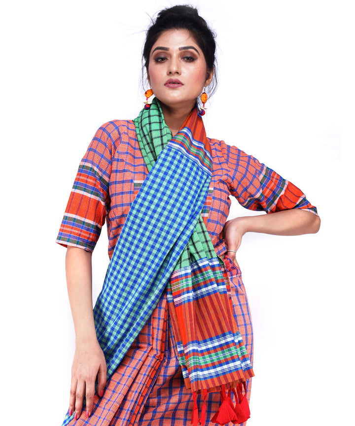 Multicolor cyan blue cotton handloom gamcha saree