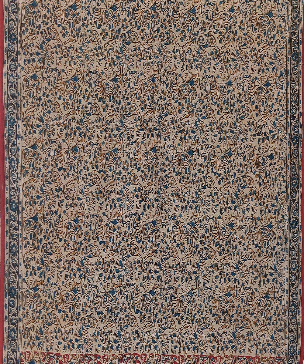 Offwhite black border kalamkari cotton hand printed saree