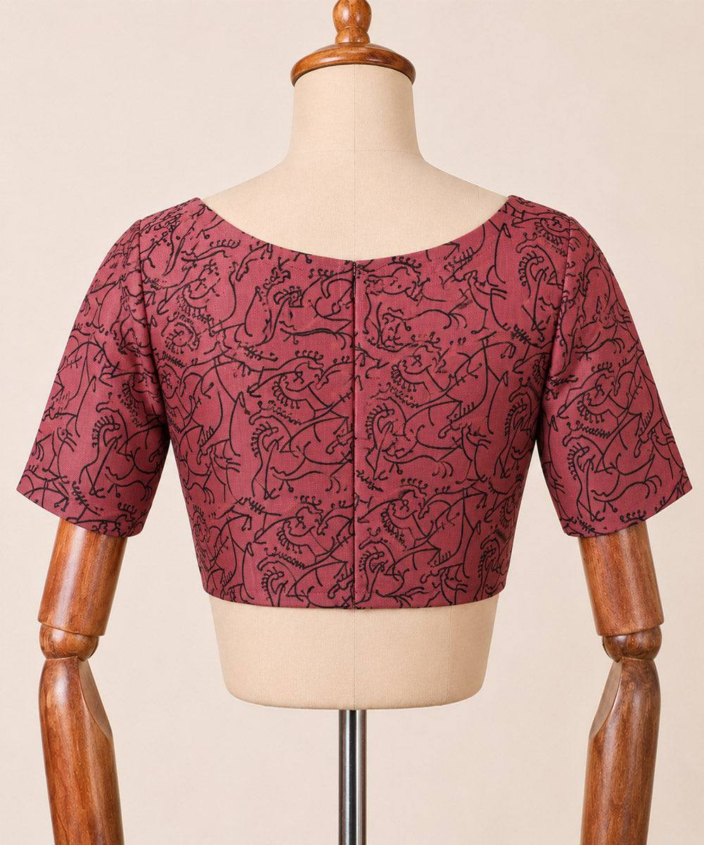 Red black cotton princess cut boat neck back zip opening blouse