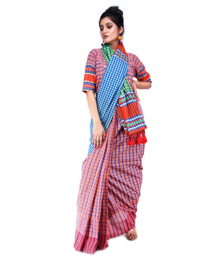 Multicolor cyan blue cotton handloom gamcha saree