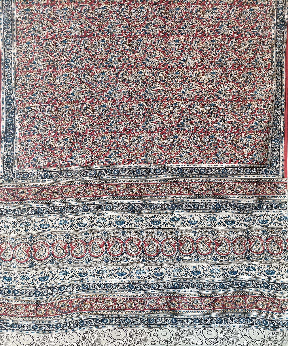 Offwhite black border kalamkari cotton hand printed saree