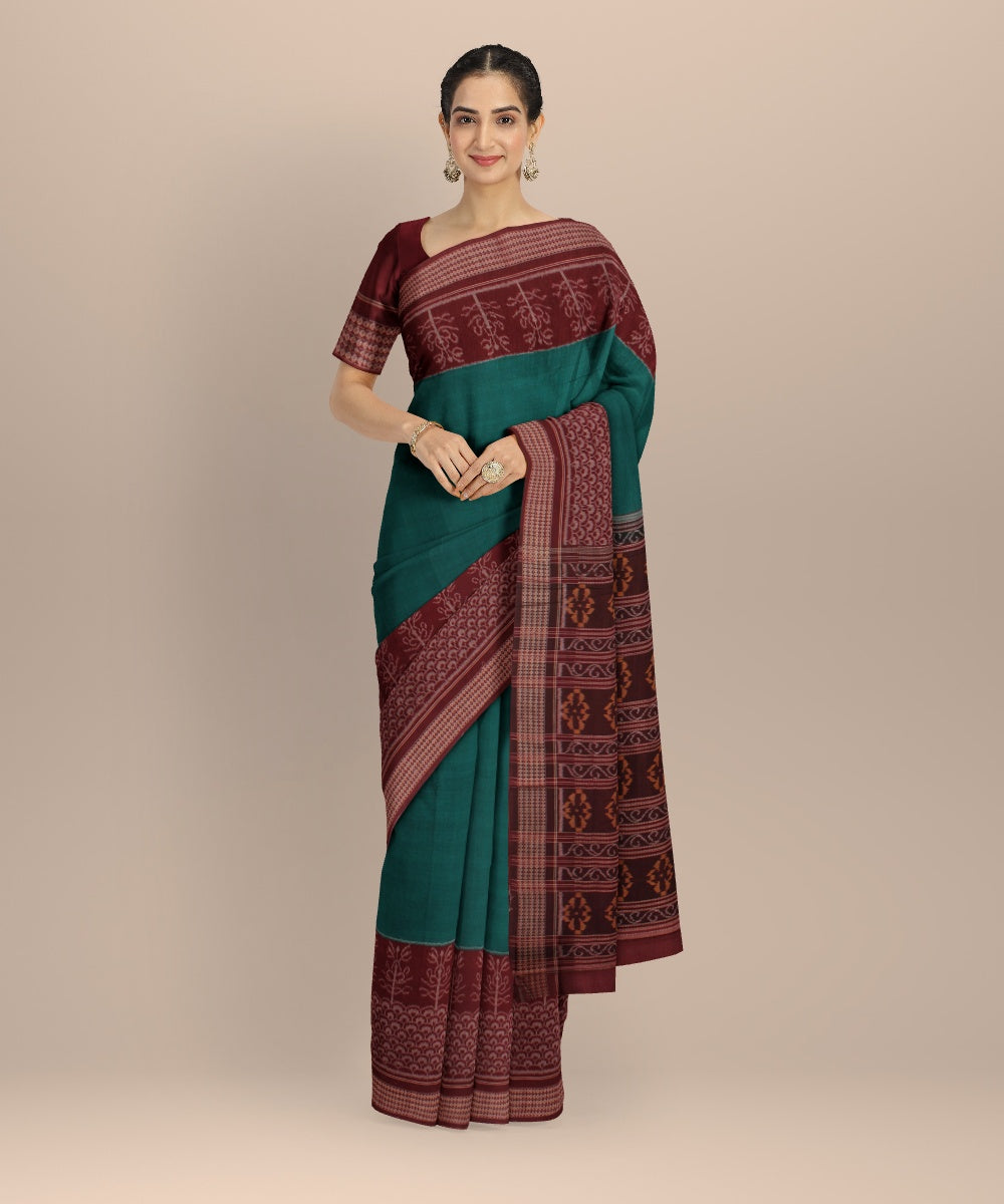 Cyan green maroon cotton handloom sambalpuri saree