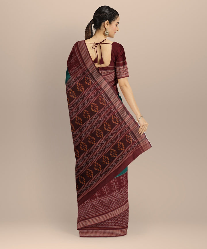 Cyan green maroon cotton handloom sambalpuri saree