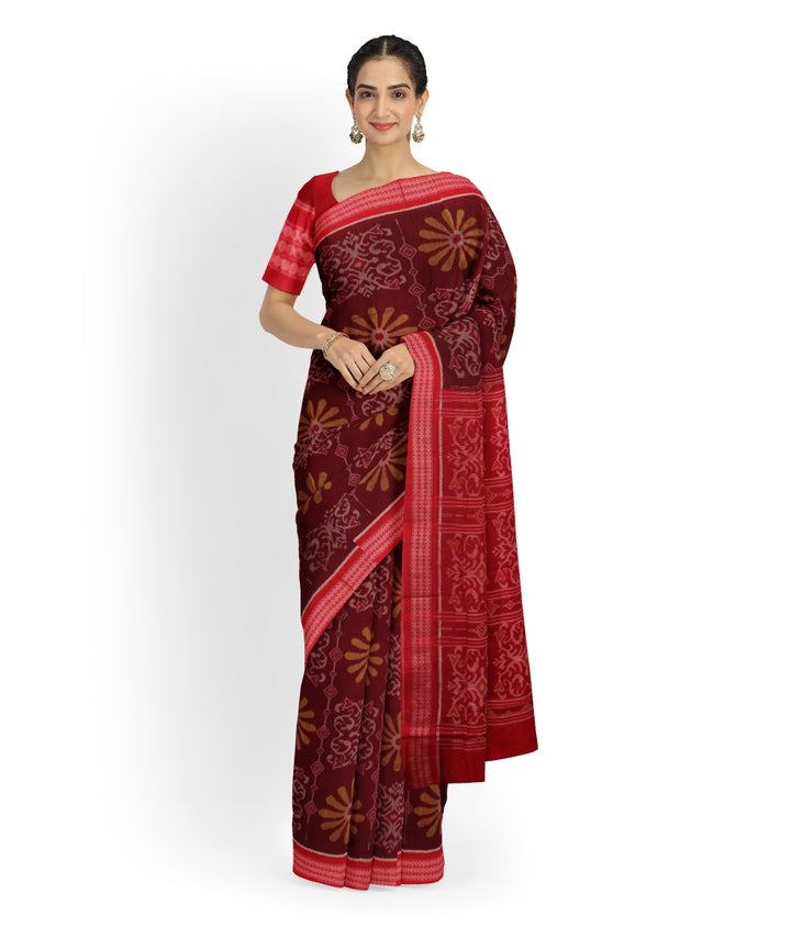 Maroon red handwoven sambalpuri cotton saree