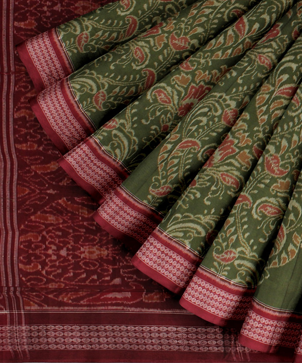 Olive green maroon cotton handloom sambalpuri saree