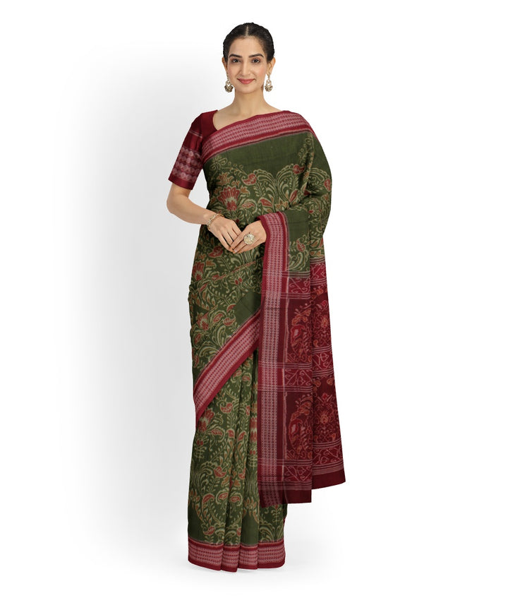 Olive green maroon cotton handloom sambalpuri saree