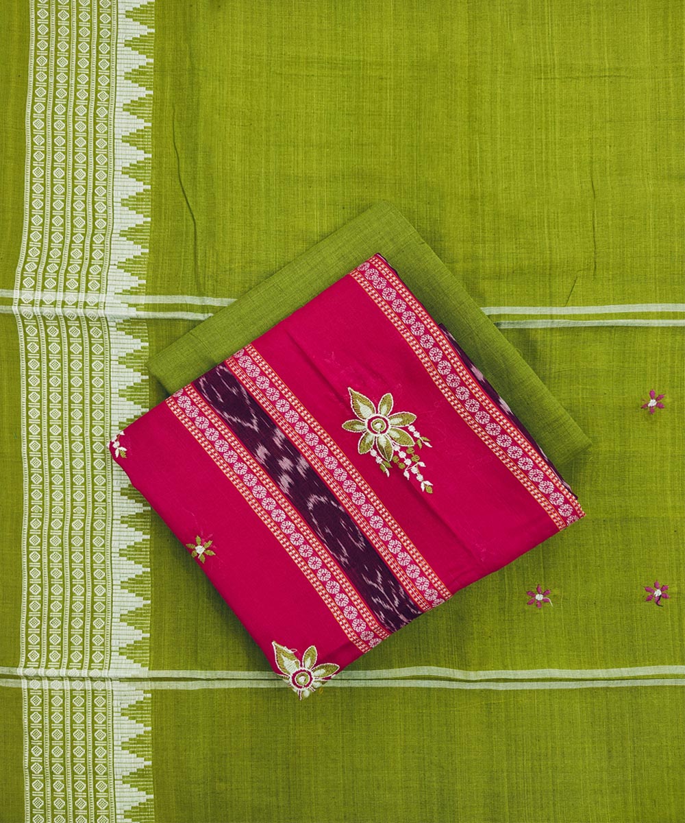 3pcs pink light green handwoven cotton nuapatna dress material