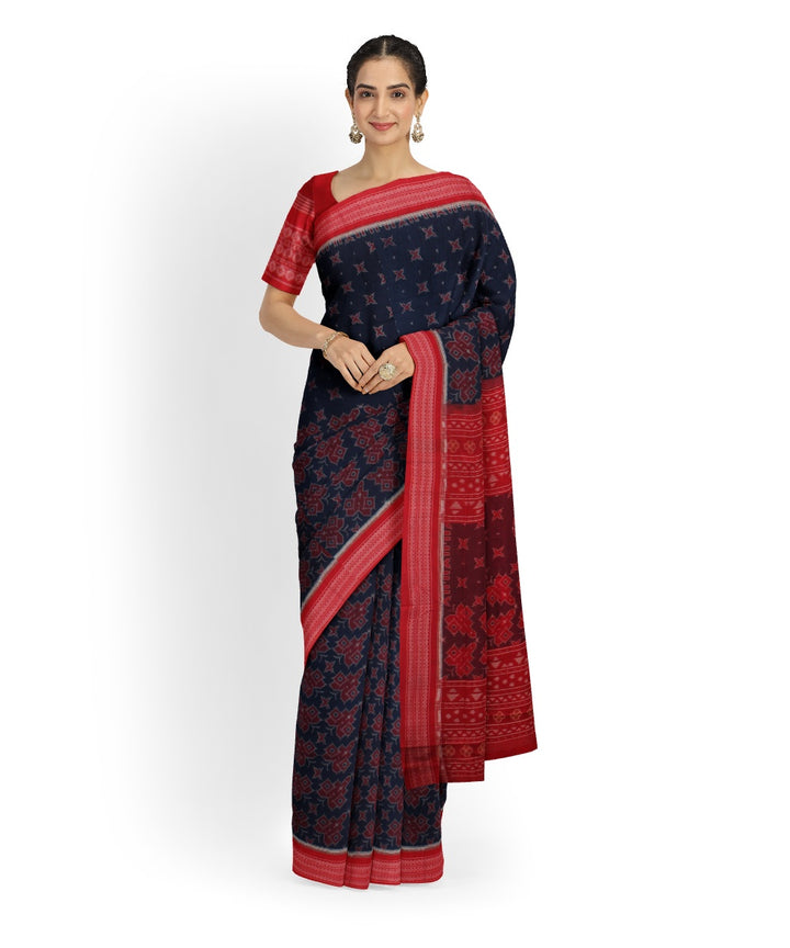 Navy blue red sambalpuri handloom cotton saree