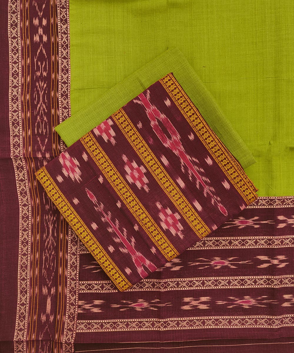 3pcs maroon lime yellow handwoven cotton nuapatna dress material