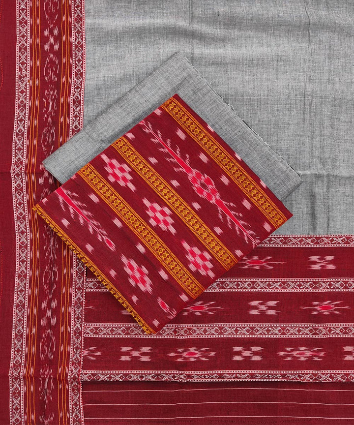 3pcs maroon grey handwoven cotton nuapatna dress material