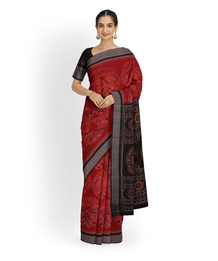 Red coffee brown cotton handloom sambalpuri saree