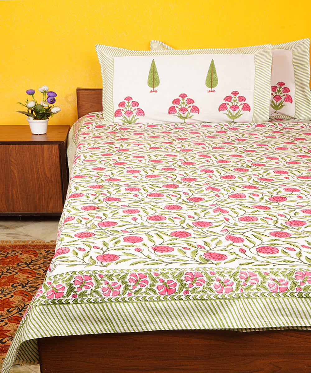 White pink hand printed block print cotton double bedsheet