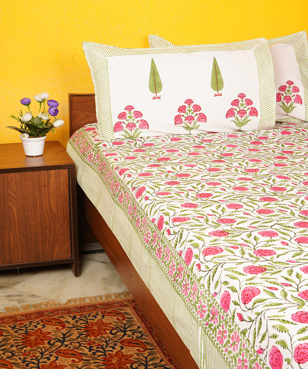White pink hand printed block print cotton double bedsheet